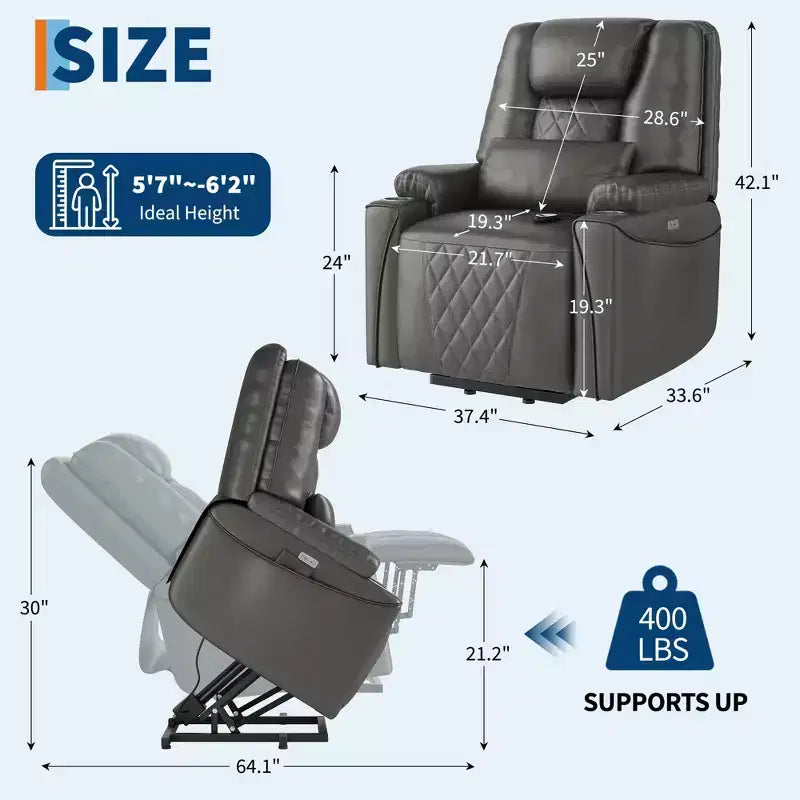 Electric Power Lift Recliner Chair Sofa with Remote, 3-Position Reclining, Side Pockets, USB Ports for Living Room, Faux Leather