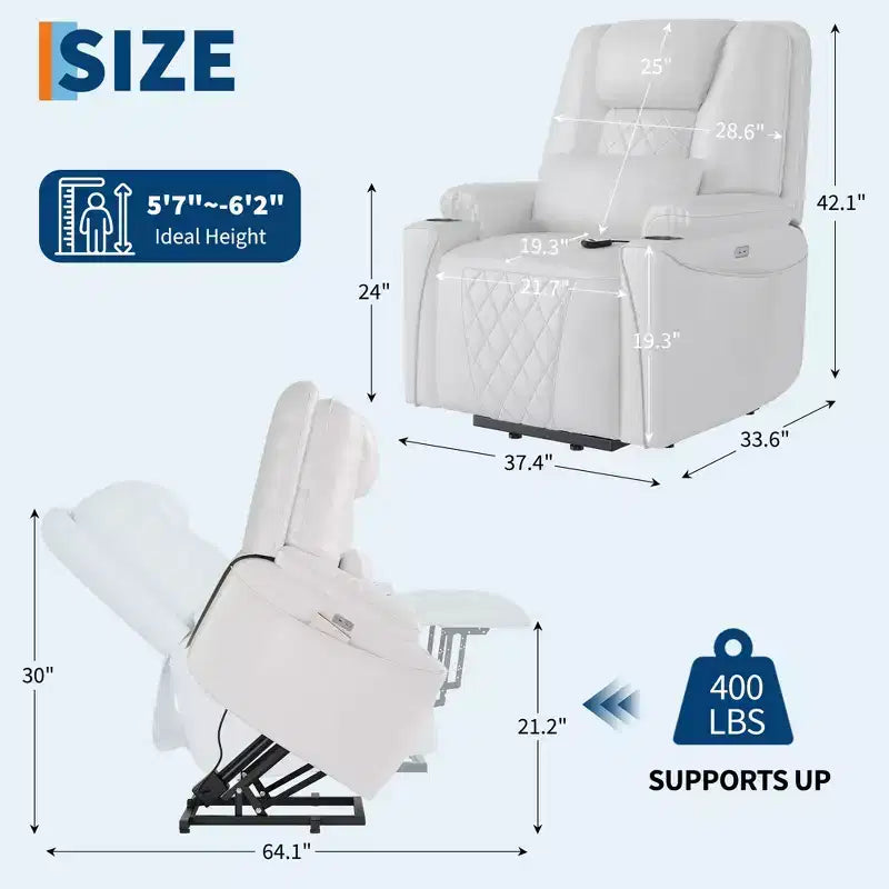Electric Power Lift Recliner Chair Sofa with Remote, 3-Position Reclining, Side Pockets, USB Ports for Living Room, Faux Leather