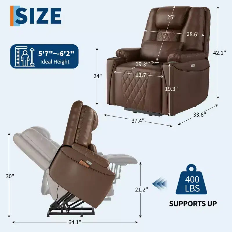 Electric Power Lift Recliner Chair Sofa with Remote, 3-Position Reclining, Side Pockets, USB Ports for Living Room, Faux Leather