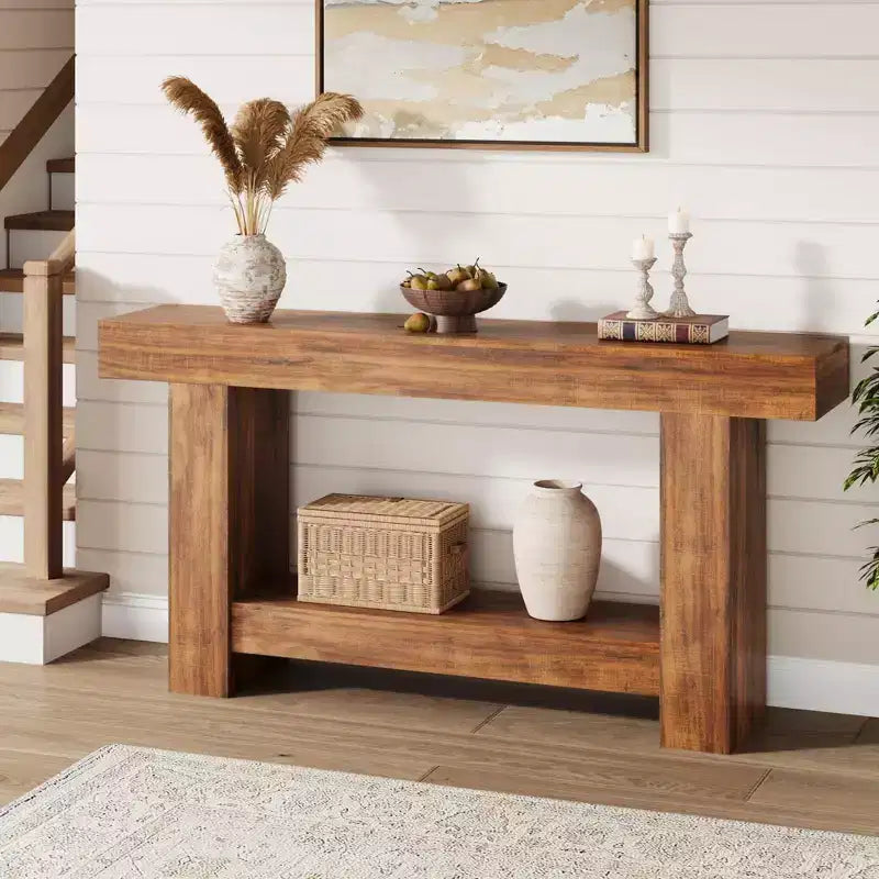 Acekool Farmhouse Console Table for Entryway, 2-Tier Sofa Table with Storage Shelf, Long Rustic Hallway Console Table for Living Room