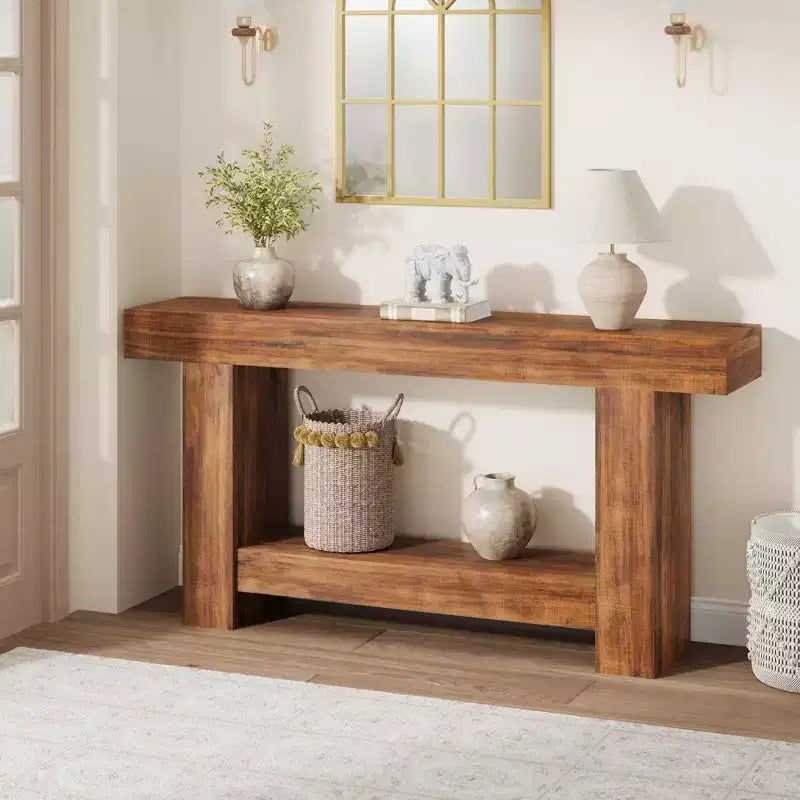 Acekool Farmhouse Console Table for Entryway, 2-Tier Sofa Table with Storage Shelf, Long Rustic Hallway Console Table for Living Room