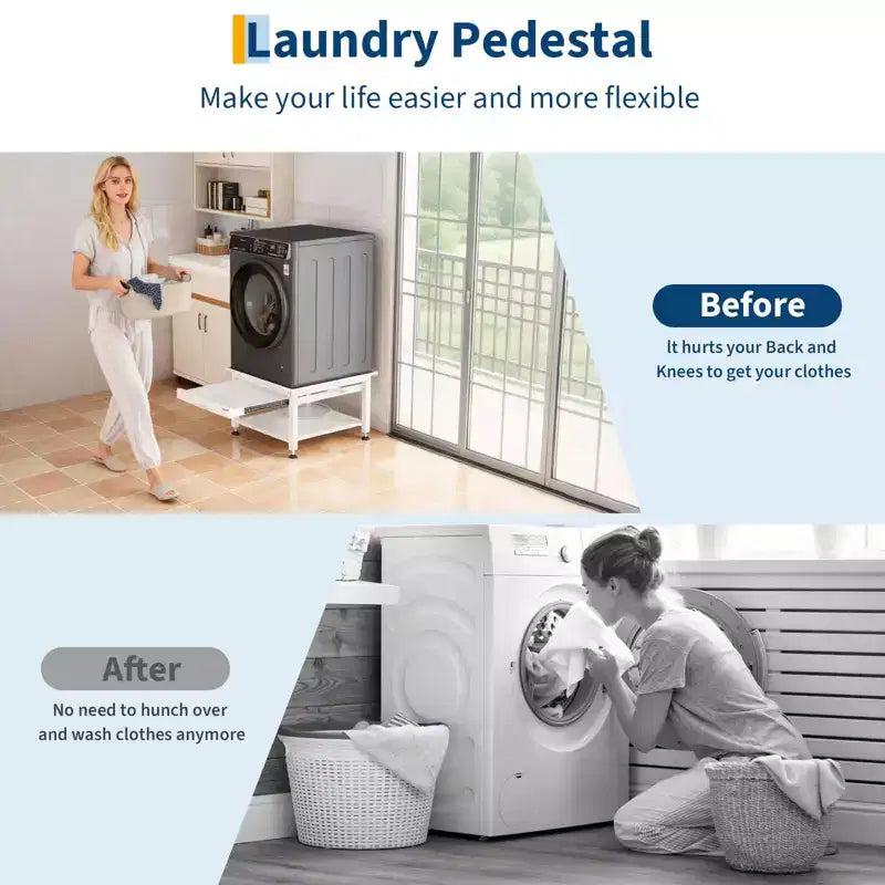 24/27 Wide Washer and Dryer Pedestals with Pullout-Shelf, Pedestal with Adjustable Anti-Vibration Pads, Drain Pan and Hose, 800 - 1000 lbs Capacity