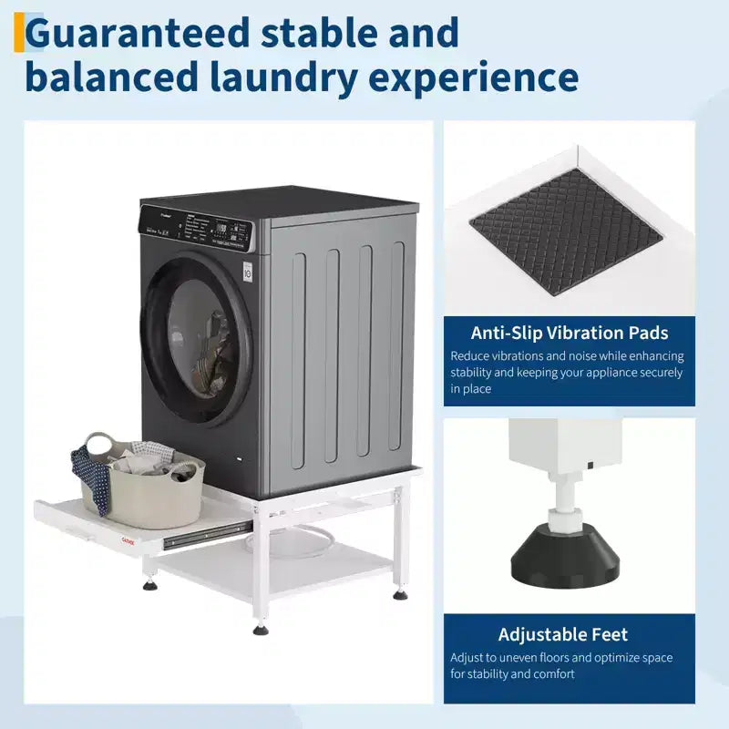 24/27 Wide Washer and Dryer Pedestals with Pullout-Shelf, Pedestal with Adjustable Anti-Vibration Pads, Drain Pan and Hose, 800 - 1000 lbs Capacity