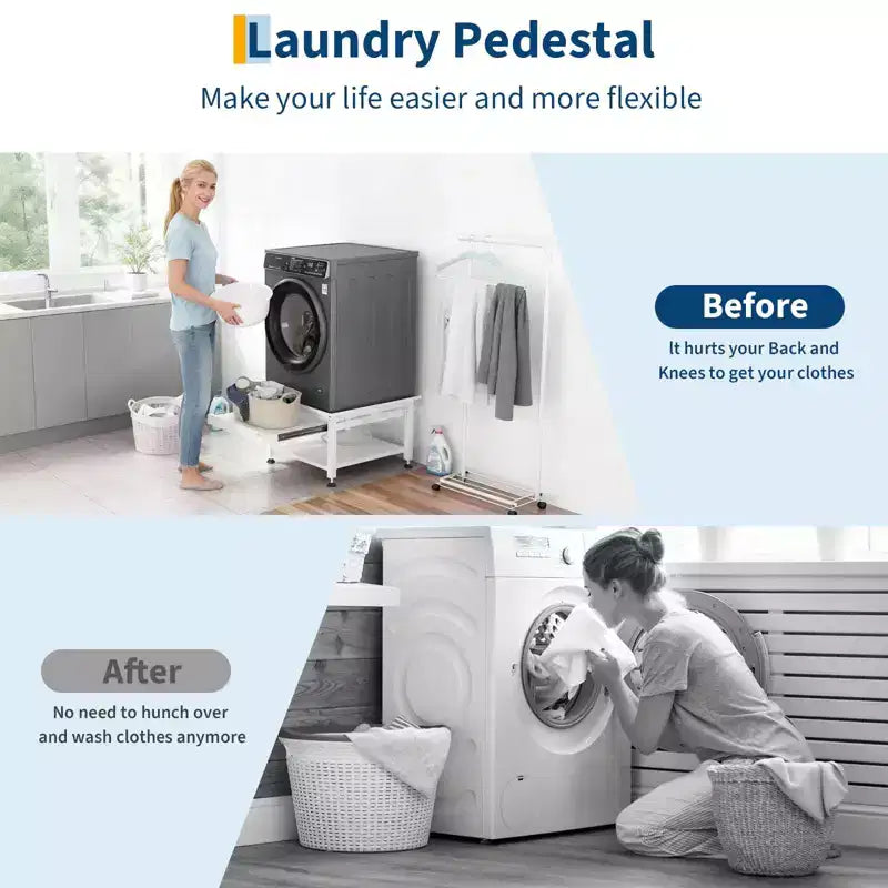 24/27 Wide Washer and Dryer Pedestals with Pullout-Shelf, Pedestal with Adjustable Anti-Vibration Pads, Drain Pan and Hose, 800 - 1000 lbs Capacity