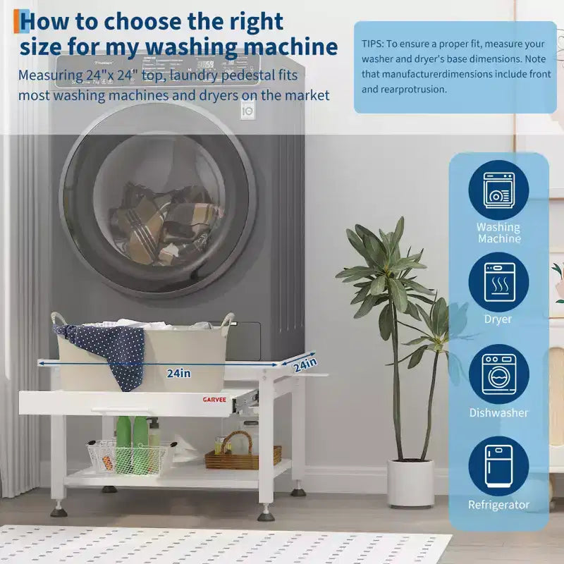 24/27 Wide Washer and Dryer Pedestals with Pullout-Shelf, Pedestal with Adjustable Anti-Vibration Pads, Drain Pan and Hose, 800 - 1000 lbs Capacity