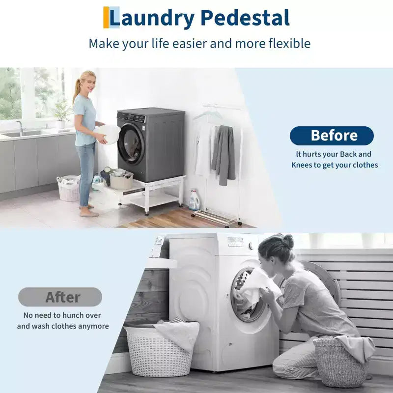 24/27 Wide Washer and Dryer Pedestals with Pullout-Shelf, Pedestal with Adjustable Anti-Vibration Pads, Drain Pan and Hose, 800 - 1000 lbs Capacity
