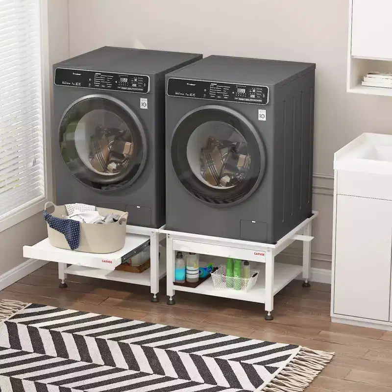 24/27 Wide Washer and Dryer Pedestals with Pullout-Shelf, Pedestal with Adjustable Anti-Vibration Pads, Drain Pan and Hose, 800 - 1000 lbs Capacity