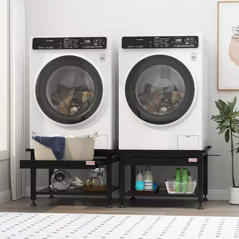 24/27 Wide Washer and Dryer Pedestals with Pullout-Shelf, Pedestal with Adjustable Anti-Vibration Pads, Drain Pan and Hose, 800 - 1000 lbs Capacity