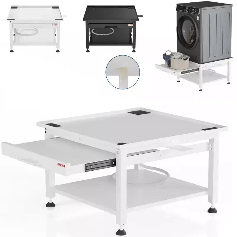 24/27 Wide Washer and Dryer Pedestals with Pullout-Shelf, Pedestal with Adjustable Anti-Vibration Pads, Drain Pan and Hose, 800 - 1000 lbs Capacity
