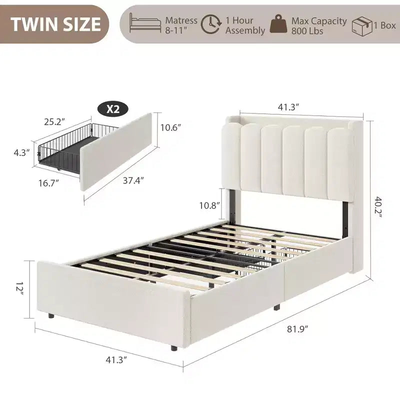 Bed Frame with Storage Headboard, Kids Bed Frame with 2 Drawers, Boucle Upholstered Platform Bed for Girls, Chic Wavy Headboard with Bookcase
