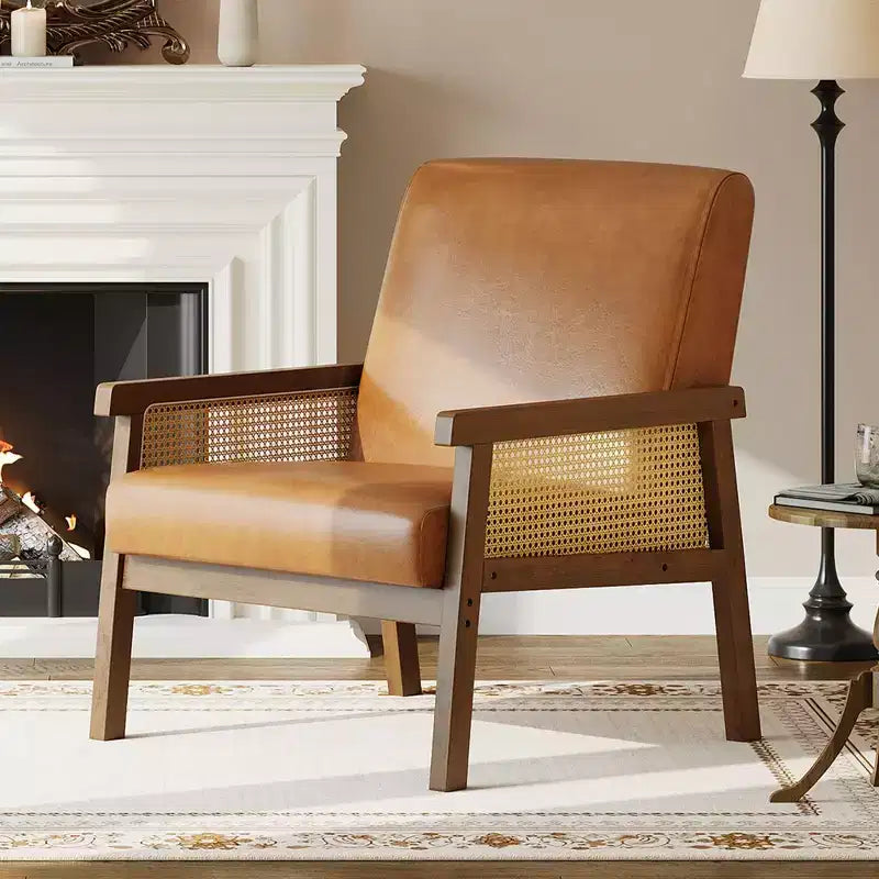 Rattan Accent Chair, Upholstered Living Room Chairs with Wood Armrest and Legs, Reading Armchair for Bedroom Sunroom Reception