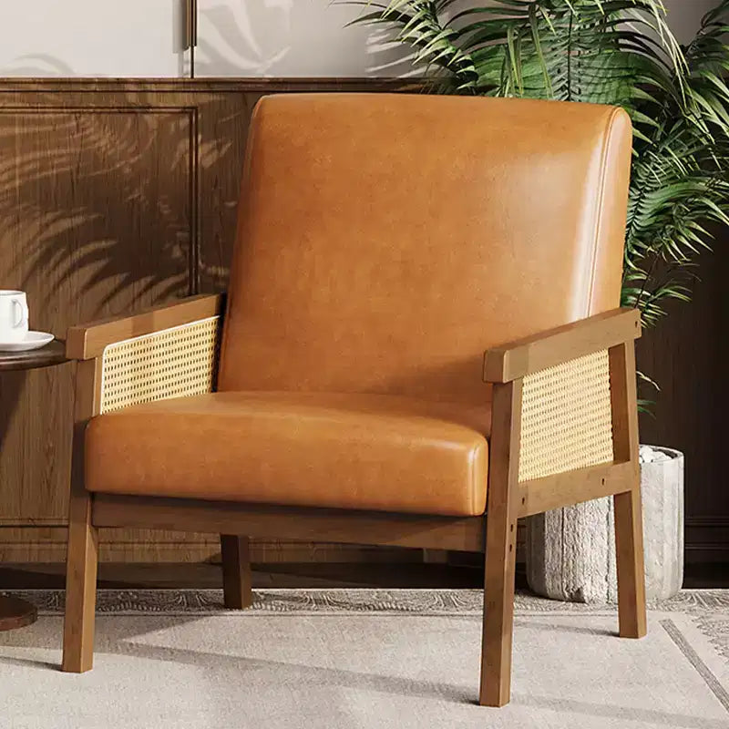 Rattan Accent Chair, Upholstered Living Room Chairs with Wood Armrest and Legs, Reading Armchair for Bedroom Sunroom Reception
