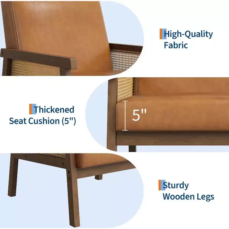Rattan Accent Chair, Upholstered Living Room Chairs with Wood Armrest and Legs, Reading Armchair for Bedroom Sunroom Reception