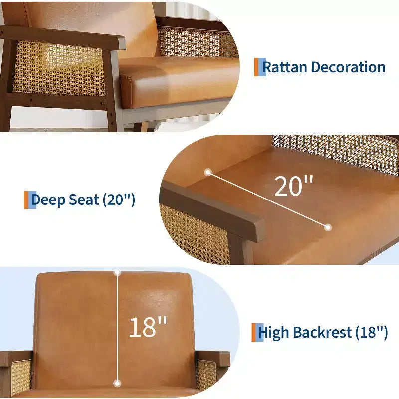 Rattan Accent Chair, Upholstered Living Room Chairs with Wood Armrest and Legs, Reading Armchair for Bedroom Sunroom Reception