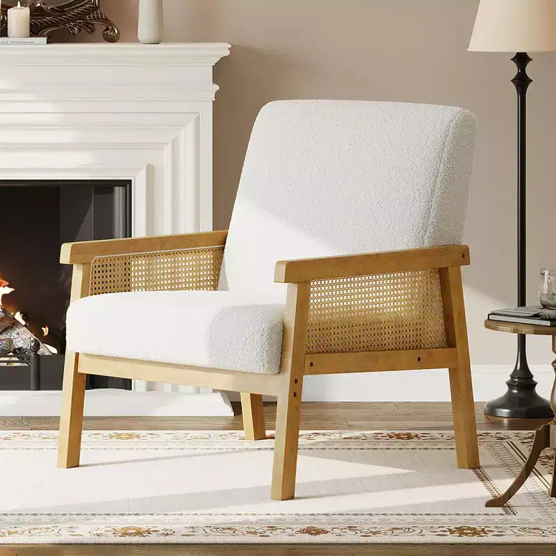 Rattan Accent Chair, Upholstered Living Room Chairs with Wood Armrest and Legs, Reading Armchair for Bedroom Sunroom Reception