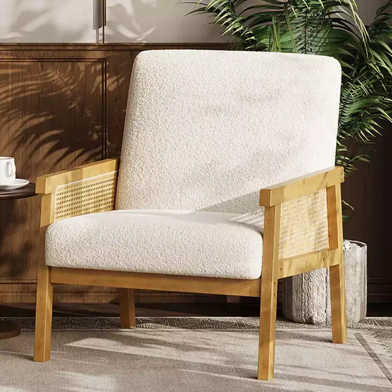 Rattan Accent Chair, Upholstered Living Room Chairs with Wood Armrest and Legs, Reading Armchair for Bedroom Sunroom Reception