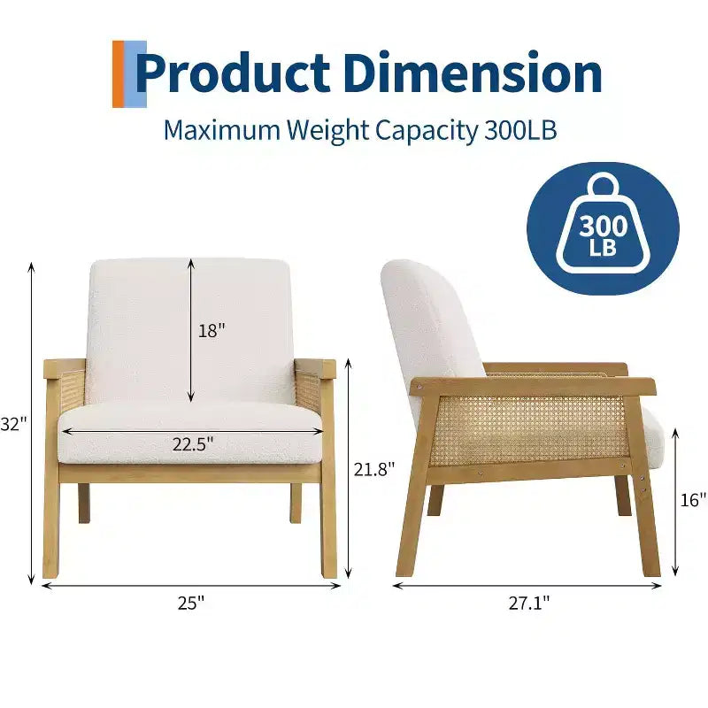 Rattan Accent Chair, Upholstered Living Room Chairs with Wood Armrest and Legs, Reading Armchair for Bedroom Sunroom Reception