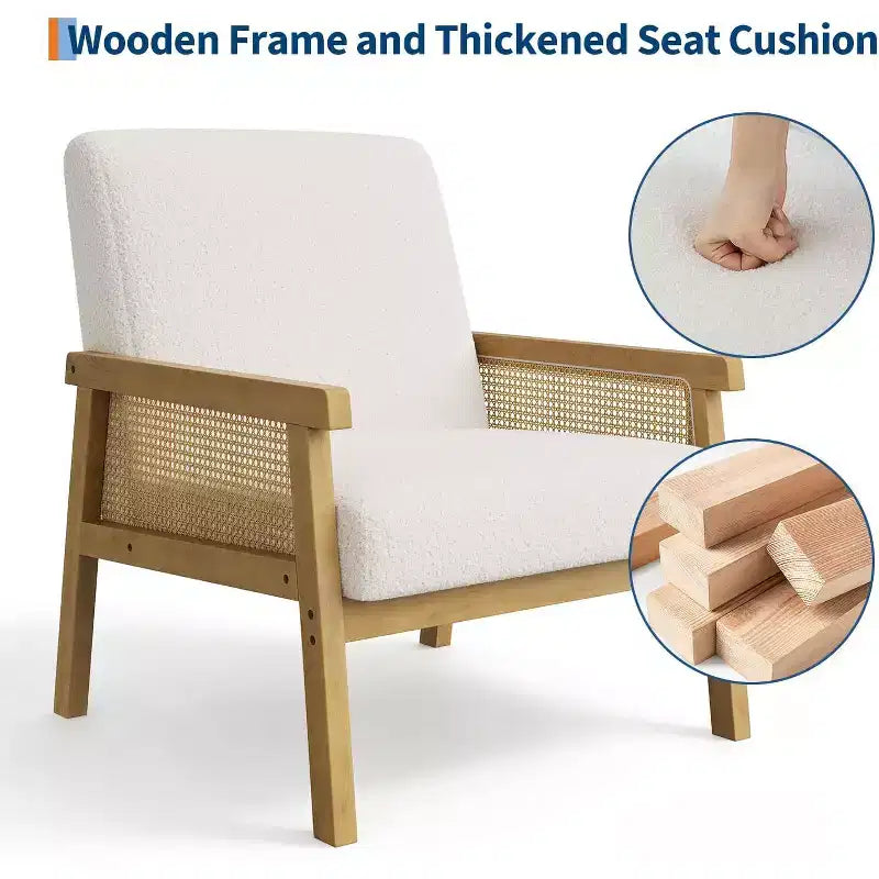 Rattan Accent Chair, Upholstered Living Room Chairs with Wood Armrest and Legs, Reading Armchair for Bedroom Sunroom Reception