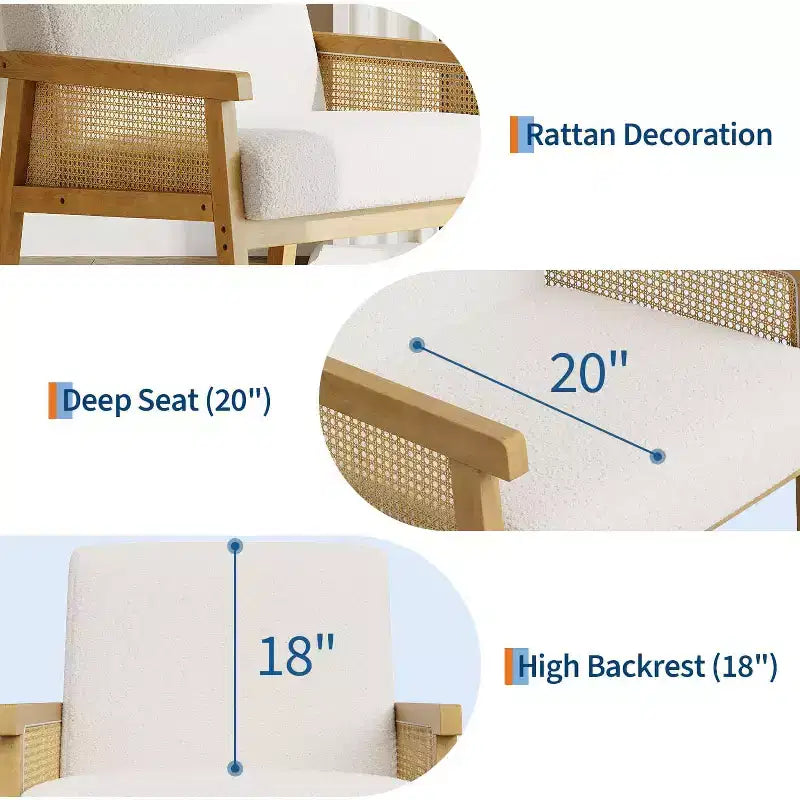 Rattan Accent Chair, Upholstered Living Room Chairs with Wood Armrest and Legs, Reading Armchair for Bedroom Sunroom Reception