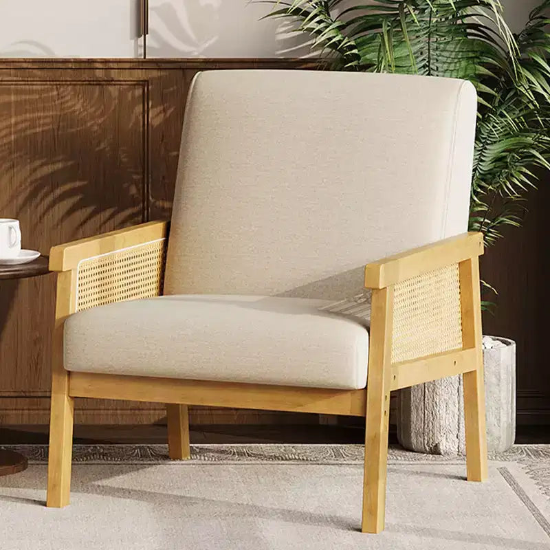 Rattan Accent Chair, Upholstered Living Room Chairs with Wood Armrest and Legs, Reading Armchair for Bedroom Sunroom Reception