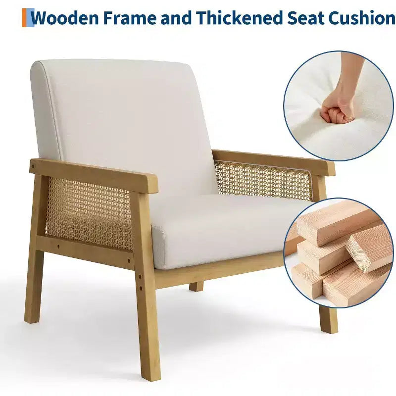 Rattan Accent Chair, Upholstered Living Room Chairs with Wood Armrest and Legs, Reading Armchair for Bedroom Sunroom Reception