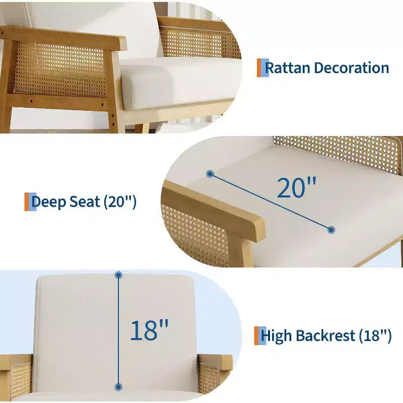 Rattan Accent Chair, Upholstered Living Room Chairs with Wood Armrest and Legs, Reading Armchair for Bedroom Sunroom Reception