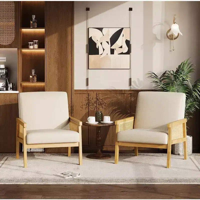 Rattan Accent Chair, Upholstered Living Room Chairs with Wood Armrest and Legs, Reading Armchair for Bedroom Sunroom Reception