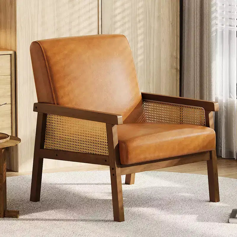 Rattan Accent Chair, Upholstered Living Room Chairs with Wood Armrest and Legs, Reading Armchair for Bedroom Sunroom Reception