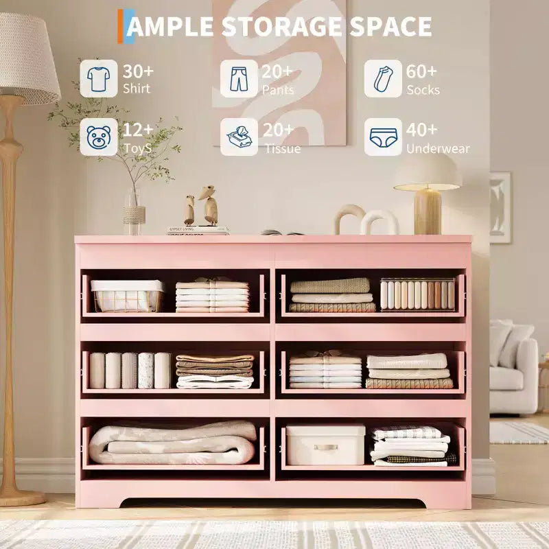Acekool Modern Pink 6 Drawer Dresser, Wide Handle-Free Chest, Double Wood Storage Organizer for Bedroom, Living Room, Entryway