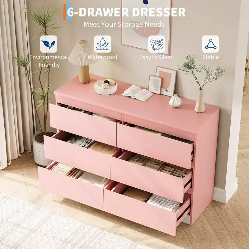 Acekool Modern Pink 6 Drawer Dresser, Wide Handle-Free Chest, Double Wood Storage Organizer for Bedroom, Living Room, Entryway