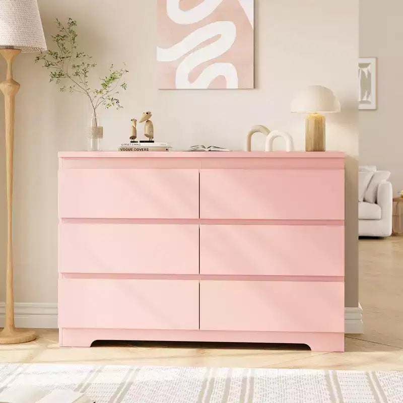 Acekool Modern Pink 6 Drawer Dresser, Wide Handle-Free Chest, Double Wood Storage Organizer for Bedroom, Living Room, Entryway