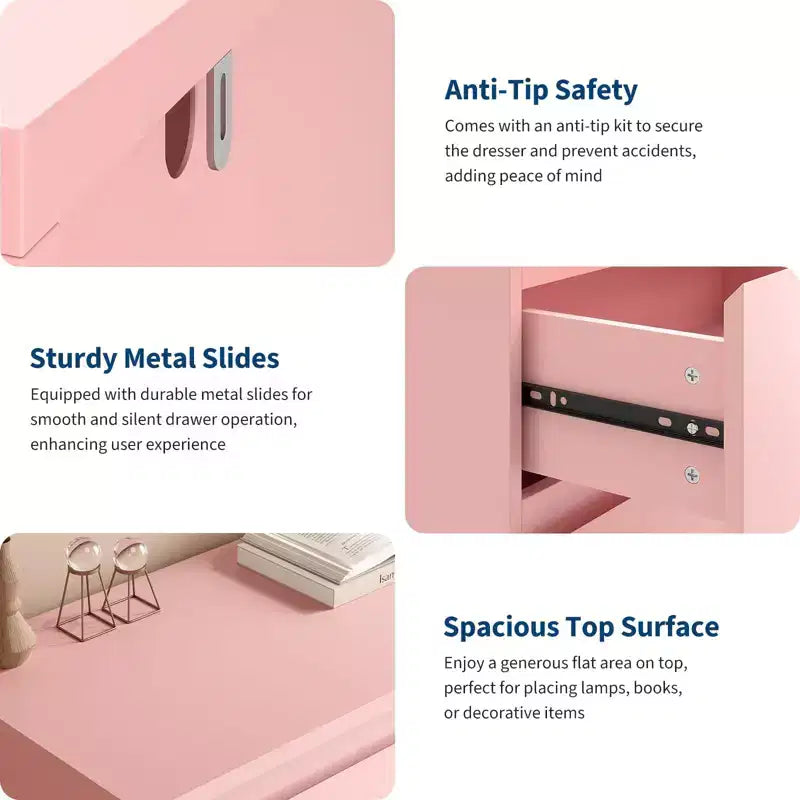 Acekool Modern Pink 6 Drawer Dresser, Wide Handle-Free Chest, Double Wood Storage Organizer for Bedroom, Living Room, Entryway