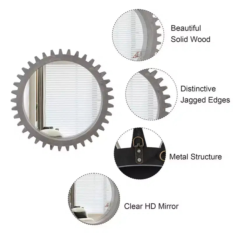 TUYOHW Industrial Style Solid Wood Gear Shape Wall Mirror Decorative Mirror for Bedroom,Living Room,Entryway,Bathroom