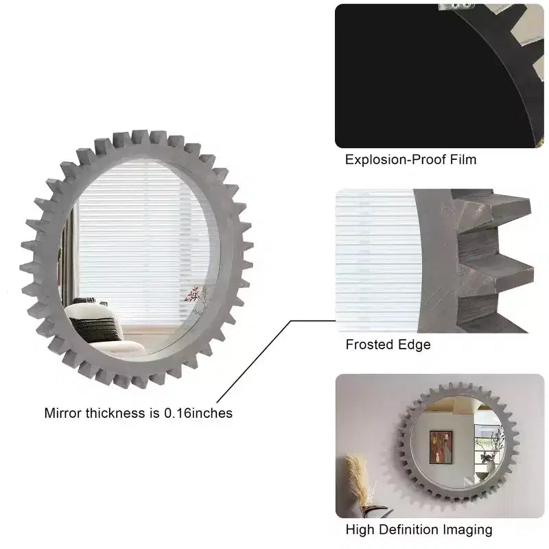 TUYOHW Industrial Style Solid Wood Gear Shape Wall Mirror Decorative Mirror for Bedroom,Living Room,Entryway,Bathroom