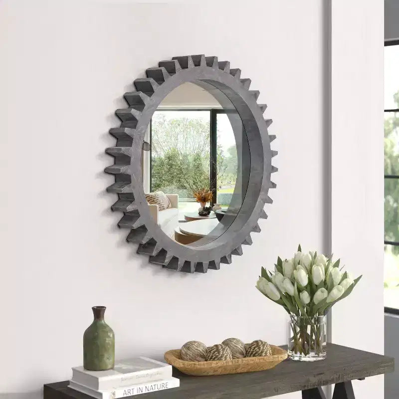 TUYOHW Industrial Style Solid Wood Gear Shape Wall Mirror Decorative Mirror for Bedroom,Living Room,Entryway,Bathroom