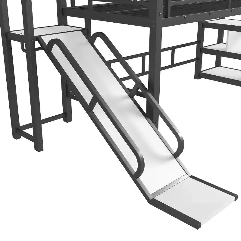 Bellemave Twin House Loft Bed with Slide & Stairs, Metal Playhouse Bed with Storage Shelves, Guardrails, Noise-Free Design, Black