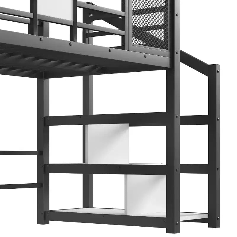 Bellemave Twin House Loft Bed with Slide & Stairs, Metal Playhouse Bed with Storage Shelves, Guardrails, Noise-Free Design, Black