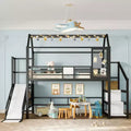 Bellemave Twin House Loft Bed with Slide & Stairs, Metal Playhouse Bed with Storage Shelves, Guardrails, Noise-Free Design, Black