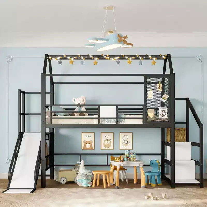 Bellemave Twin House Loft Bed with Slide & Stairs, Metal Playhouse Bed with Storage Shelves, Guardrails, Noise-Free Design, Black