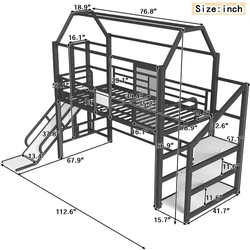 Bellemave Twin House Loft Bed with Slide & Stairs, Metal Playhouse Bed with Storage Shelves, Guardrails, Noise-Free Design, Black