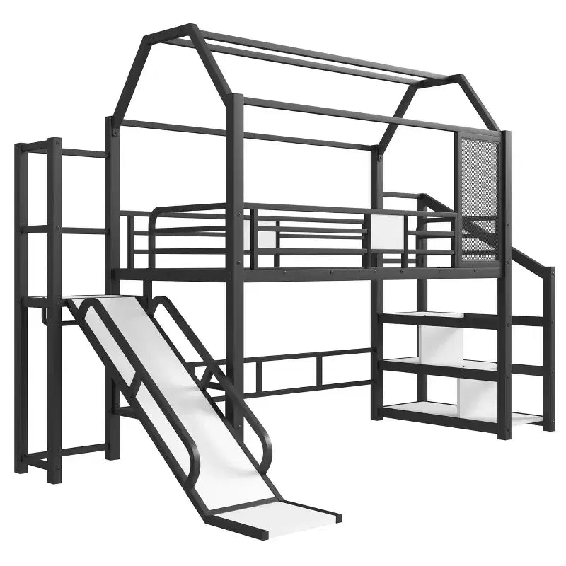 Bellemave Twin House Loft Bed with Slide & Stairs, Metal Playhouse Bed with Storage Shelves, Guardrails, Noise-Free Design, Black