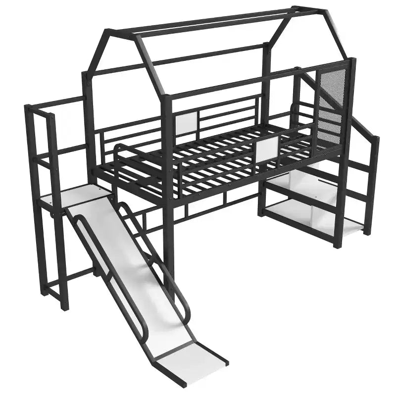 Bellemave Twin House Loft Bed with Slide & Stairs, Metal Playhouse Bed with Storage Shelves, Guardrails, Noise-Free Design, Black