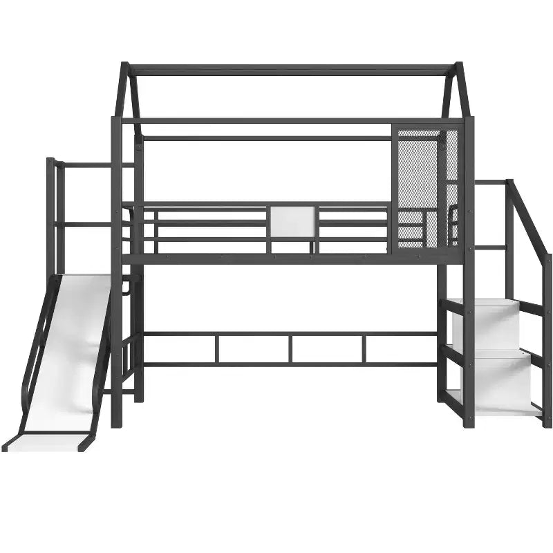 Bellemave Twin House Loft Bed with Slide & Stairs, Metal Playhouse Bed with Storage Shelves, Guardrails, Noise-Free Design, Black