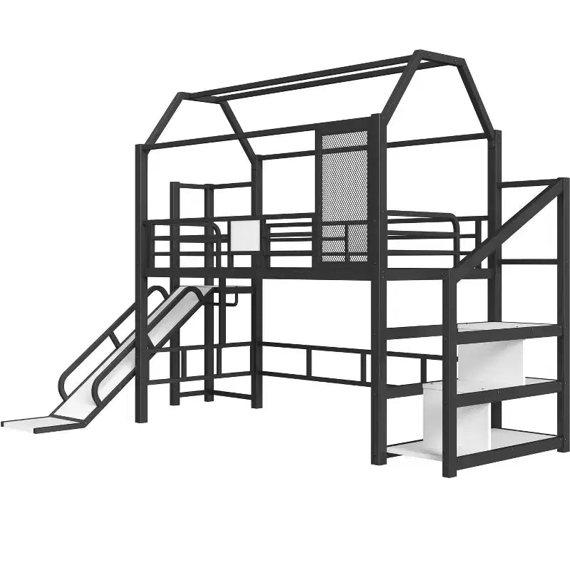 Bellemave Twin House Loft Bed with Slide & Stairs, Metal Playhouse Bed with Storage Shelves, Guardrails, Noise-Free Design, Black