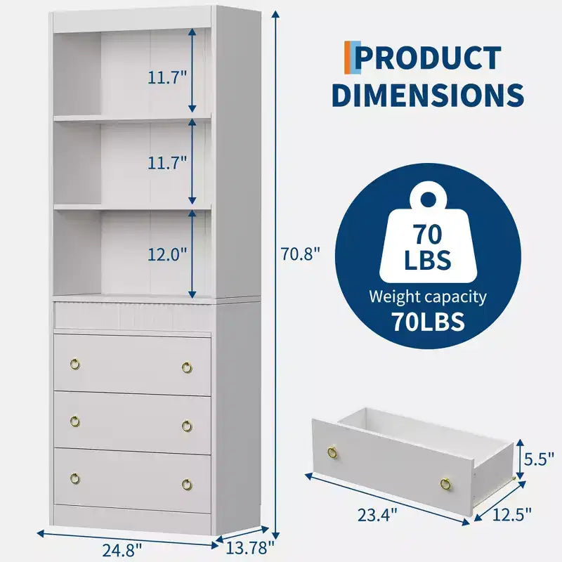 Fluted Bookcase with Drawers, 70.8 6-Tier White Bookshelf, Waved Design Storage Cabinet & Open Shelf for Living Room Office