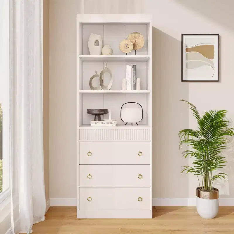 Fluted Bookcase with Drawers, 70.8 6-Tier White Bookshelf, Waved Design Storage Cabinet & Open Shelf for Living Room Office
