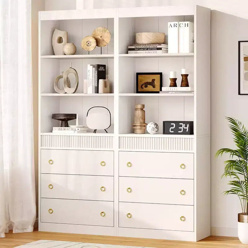 Fluted Bookcase with Drawers, 70.8 6-Tier White Bookshelf, Waved Design Storage Cabinet & Open Shelf for Living Room Office