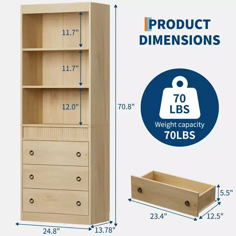 Fluted Bookcase with Drawers, 70.8 6-Tier White Bookshelf, Waved Design Storage Cabinet & Open Shelf for Living Room Office