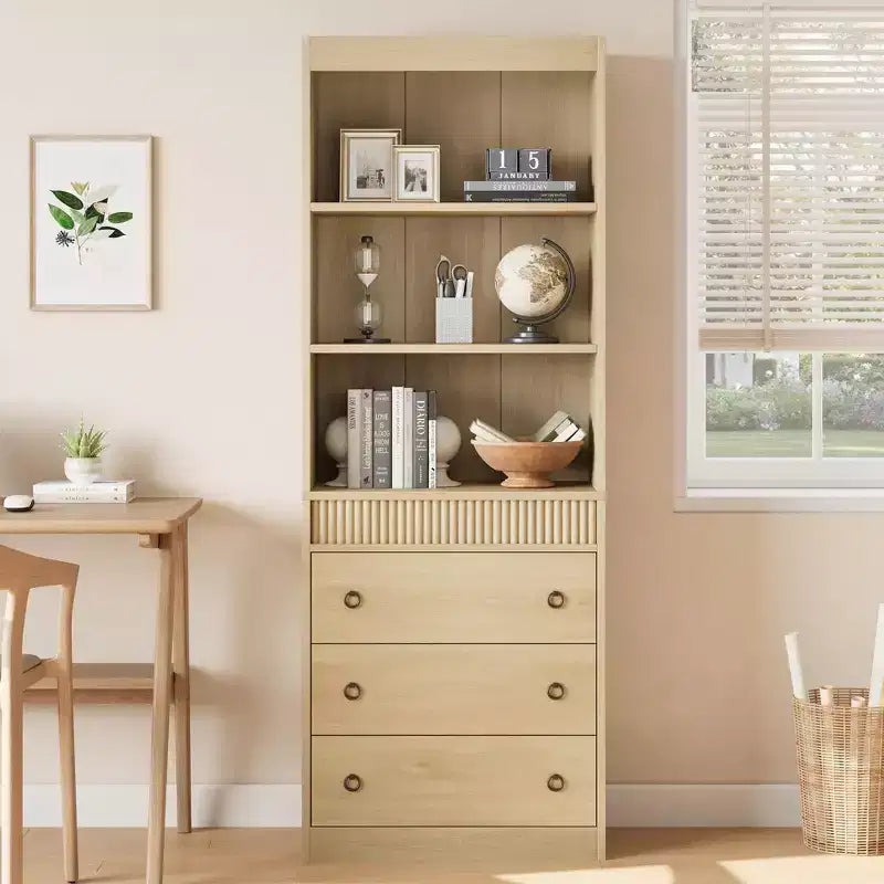 Fluted Bookcase with Drawers, 70.8 6-Tier White Bookshelf, Waved Design Storage Cabinet & Open Shelf for Living Room Office