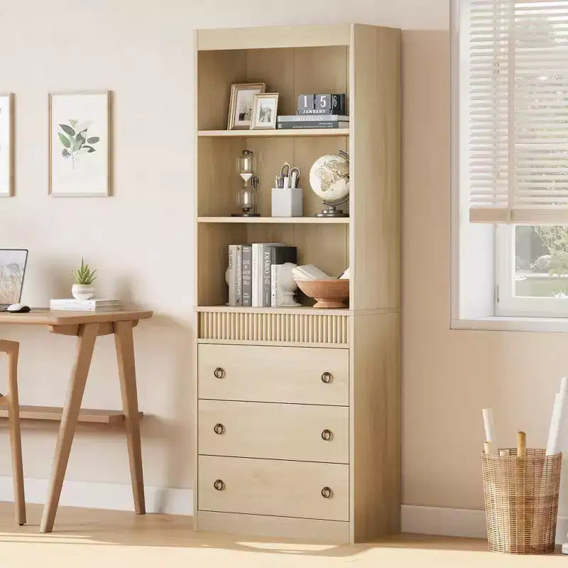 Fluted Bookcase with Drawers, 70.8 6-Tier White Bookshelf, Waved Design Storage Cabinet & Open Shelf for Living Room Office